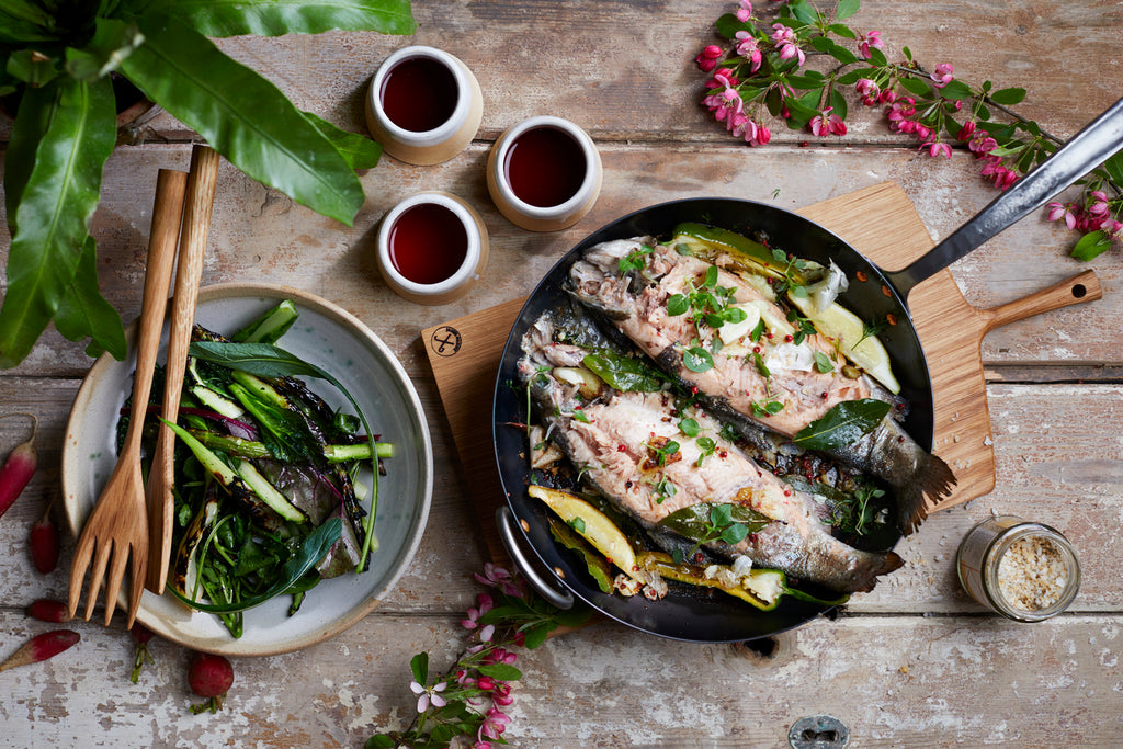 Barbecued trout, BBQ trout, grilled trout, BBQ fish, fish on the barbecue, whole fire cooked fish, The Garden cook fish recipe, BBQ fish recipe, healthy BBQ recipe, healthy barbecue recipe, light summer BBQ recipe 