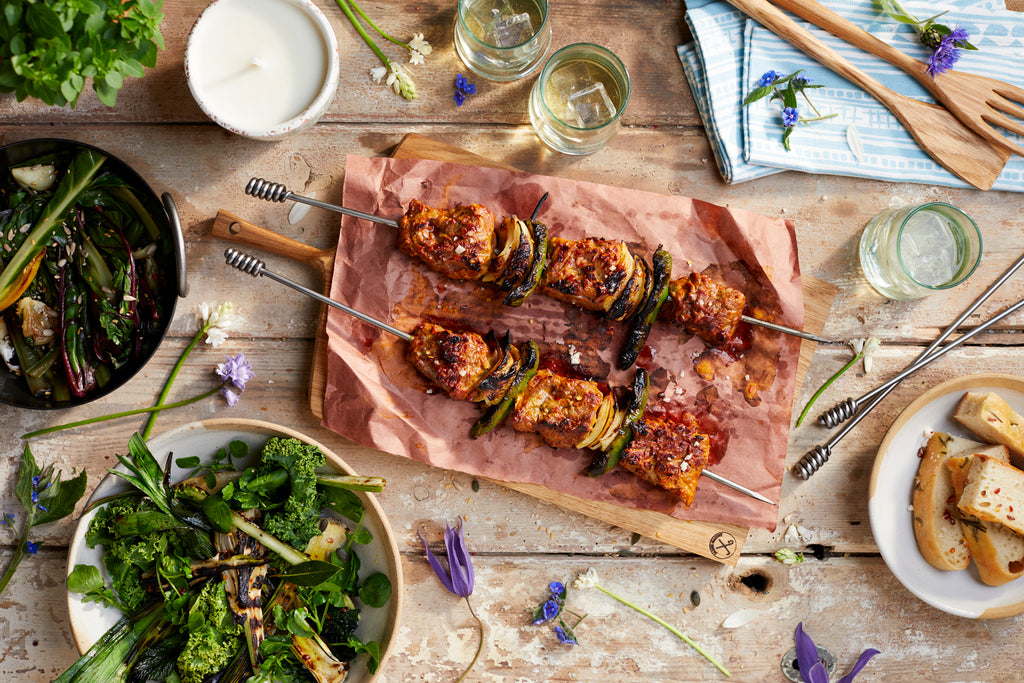Lamb neck fillet, fire cooked lamb, spring lamb recipes, spring barbecue ideas, light BBQ recipes, barbecue with friends, skewered BBQ recipe, Middle Eastern lamb grill recipe 