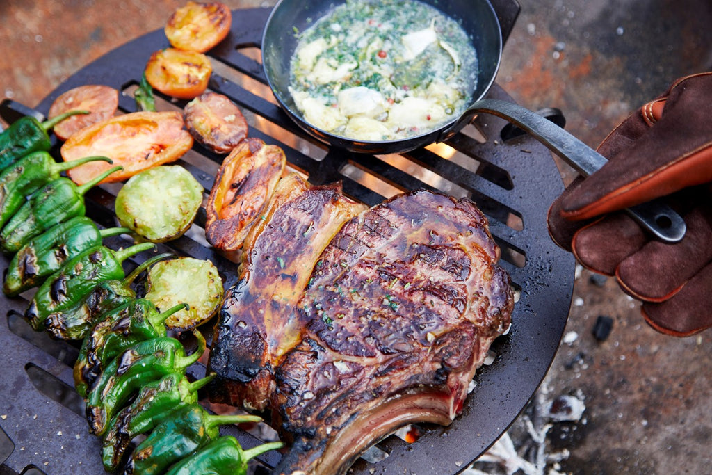 Grilled ribeye steak recipe, steak BBQ tips, how best to barbecue steak, steak barbecue temperatures, padron peppers on the grill, BBQ padron peppers, skewered padron peppers, grilled tomatoes, Netherton Foundry chapa grill