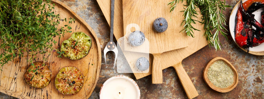 handmade ceramics UK, earthy ceramics, hand glazed, nest of bowls, artisan oak boards, wooden boards with handle, hand carved salad servers, British enamelware,  