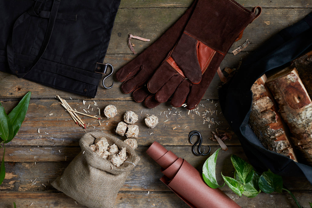 barbecue essentials, gifts for outdoor cooking, eco firelighters, eco barbecue, natural firelighters, peach paper, wax cotton aprons, barbecue aprons, outdoor aprons, wax cotton aprons made in the UK, UK barbecue, barbecue matches, leather fire gloves UK